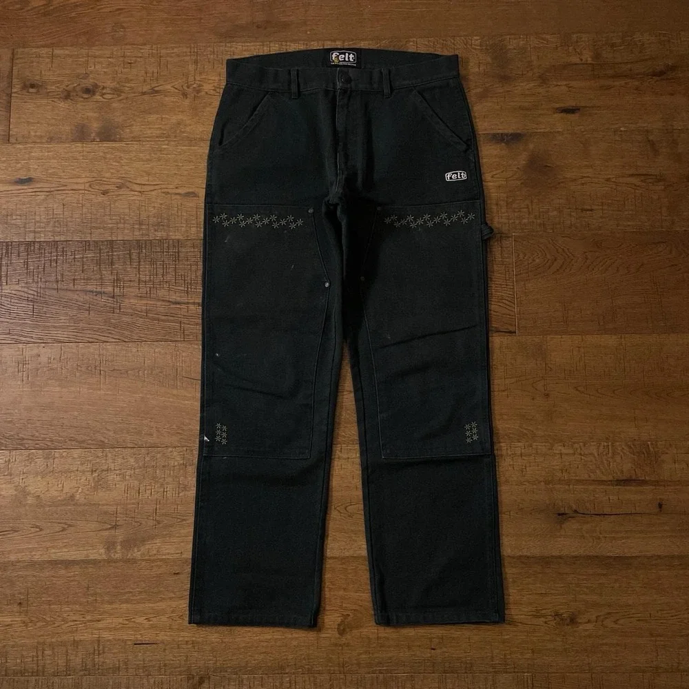 Felt Carpenter Jeans Mens 33x29 Black Streetwear Floral Double Knee Canvas